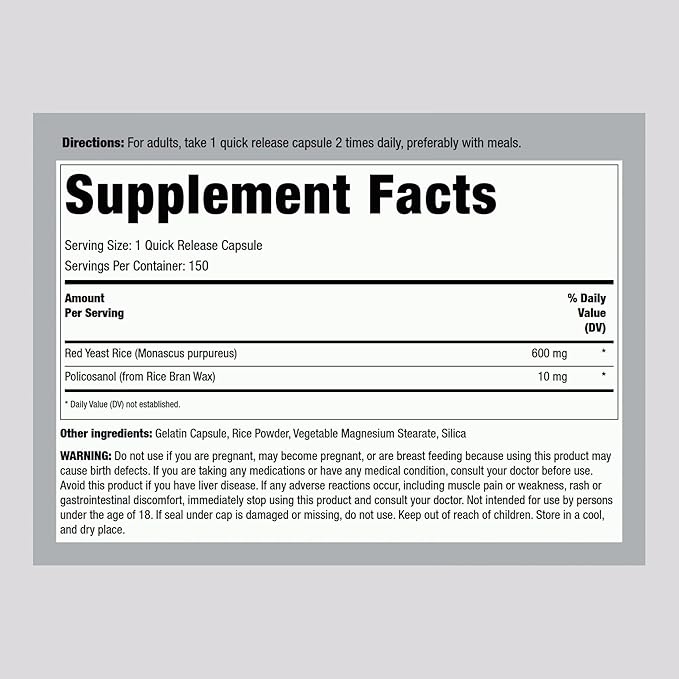 Piping Rock Red Yeast Rice 600 mg | 150 Capsules | with Policosanol | Non-GMO, Gluten Free Supplement