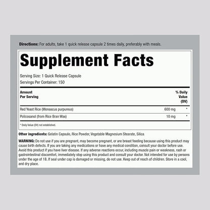 Piping Rock Red Yeast Rice 600 mg | 150 Capsules | with Policosanol | Non-GMO, Gluten Free Supplement