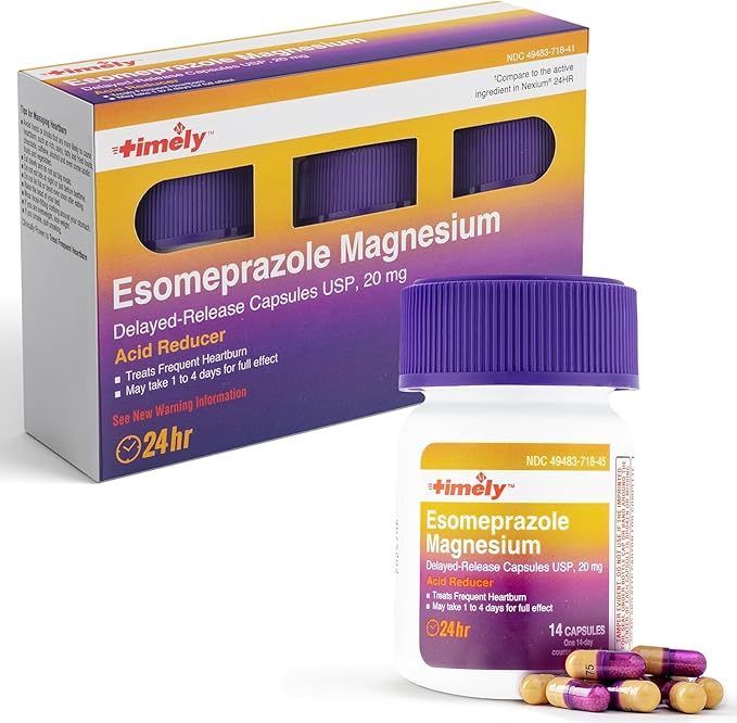 Timely Esomeprazole Magnesium 20mg Antacid Pills - Stomach Acid Reducer, Frequent Heartburn Relief & Acid Reflux Medicine - 24 Hour Esomeprazole Delayed Release Capsules - 42 Count