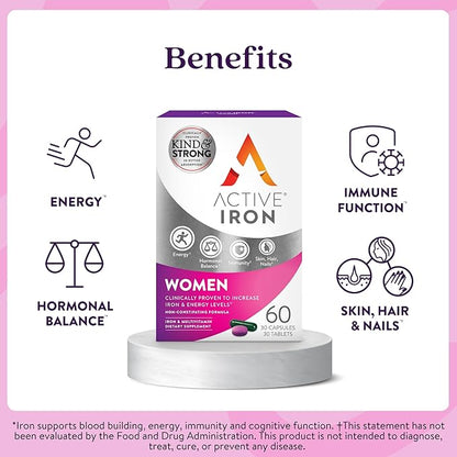 Active Iron Supplement for Women, Non-Constipating, 30 Active Iron Ferrous Sulphate Capsules with 30 Women's Multivitamin Tablets, Clinically Proven to Increase Iron & Energy Levels