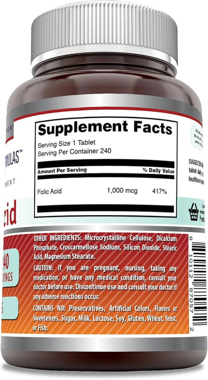 Amazing Formulas Folic Acid 1000 Mcg (1 Mg) 240 Tablets Supplement | Vitamin B9 | Non-GMO | Gluten Free | Made in USA