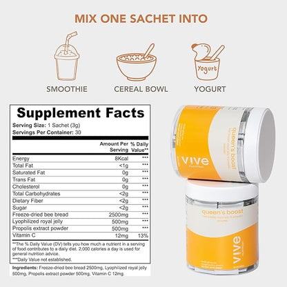 Queen's Boost - Sugar-Free Bee Bread, Royal Jelly & Propolis Powder with Vitamin C - Non-GMO, Immune and Energy Support- 30 Individual Sachets per Pack, 30-Day Supply