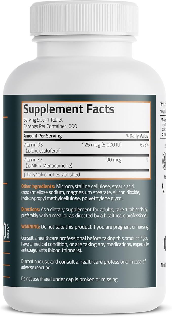 Bronson Vitamin K2 D3 (MK7) Supplement Non-GMO Formula Vitamin D3 5000IU (125 mcg) & 90 mcg K2 MK-7, Easy to Swallow D & K Complex, 200 Tablets