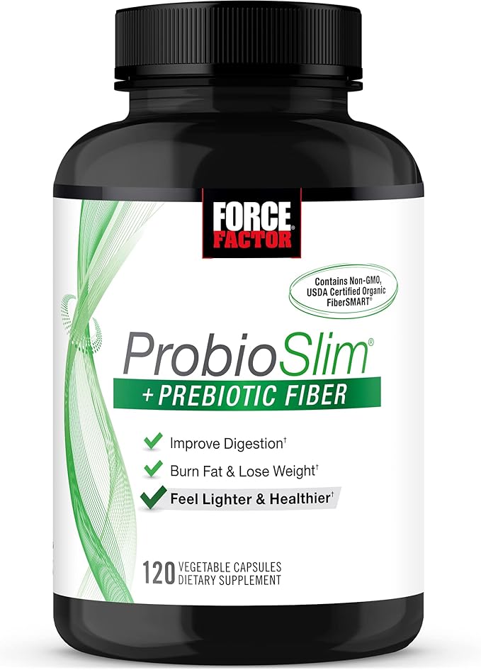 Force Factor ProbioSlim + Prebiotic Fiber Weight Loss Supplement for Women and Men, Probiotic and Prebiotic Digestive Health Support with Green Tea Extract and Psyllium Husk Fiber, 120 Capsules