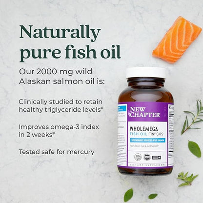New Chapter Wholemega Fish Oil Supplement - Wild Alaskan Salmon Oil with Omega-3 + Vitamin D3 + Astaxanthin + Sustainably Caught - 90 ct Tiny Caps, 500mg Softgels