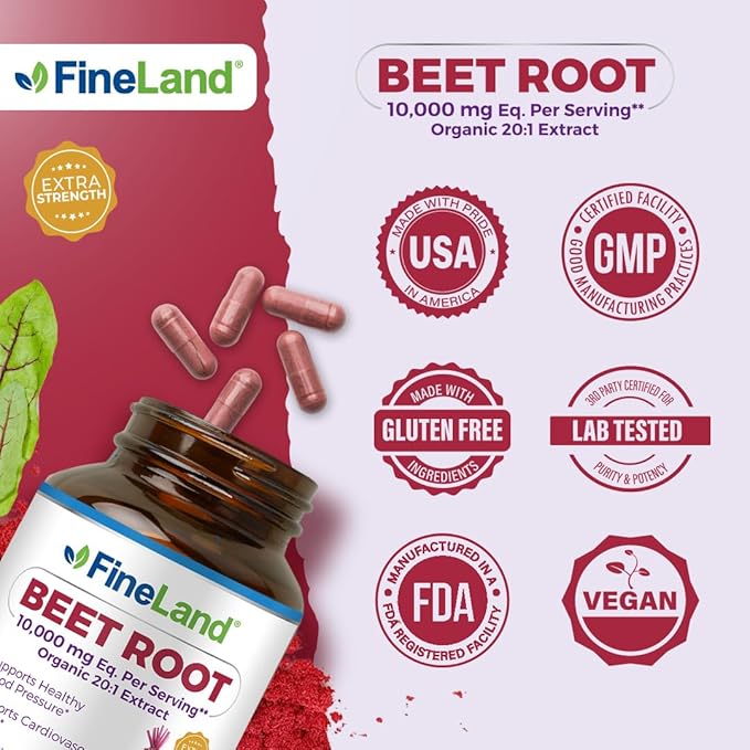 FineLand Beet Root 20x Full Spectrum – 10,000mg Equivalent per Capsule – Nitric Oxide, Blood Pressure Support - Circulation & Heart Health – 120 Vegan Capsules Made in USA