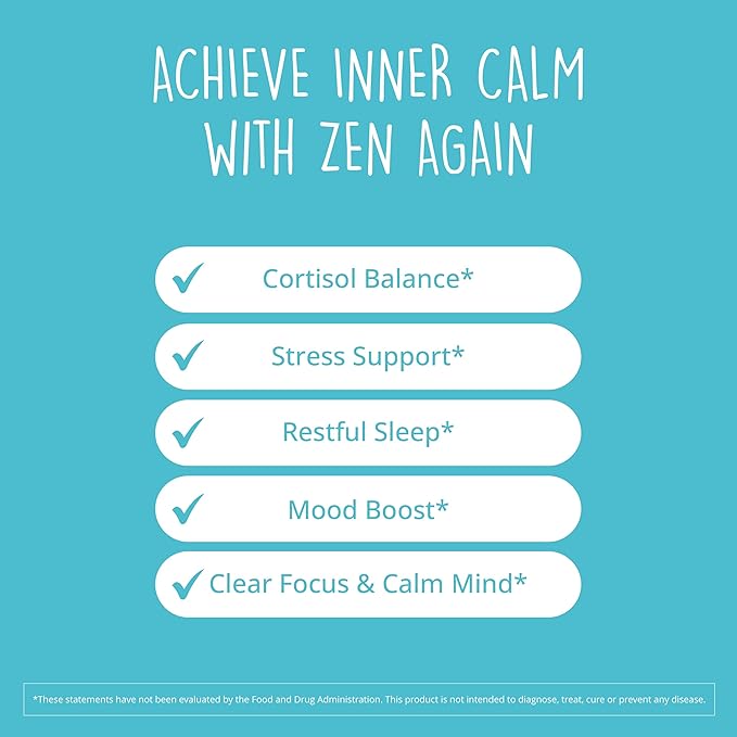 Zen Again Cortisol Supplements for Women with Ashwagandha KSM-66 | 11-in-1 Cortisol Manager | Natural Stress Support Supplement with L-Theanine, Rhodiola & Magnesium | Vegan, Non-GMO, 60 Caps