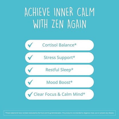 Zen Again Cortisol Supplements for Women with Ashwagandha KSM-66 | 11-in-1 Cortisol Manager | Natural Stress Support Supplement with L-Theanine, Rhodiola & Magnesium | Vegan, Non-GMO, 60 Caps