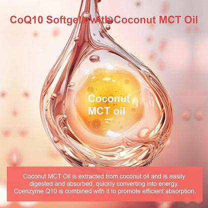 CoQ10-400mg-Softgels with Coconut MCT Oil, High Absorption Coenzyme Q10 Supplement for Heart Health & Energy Production, 90 Count, 45 Day Supply
