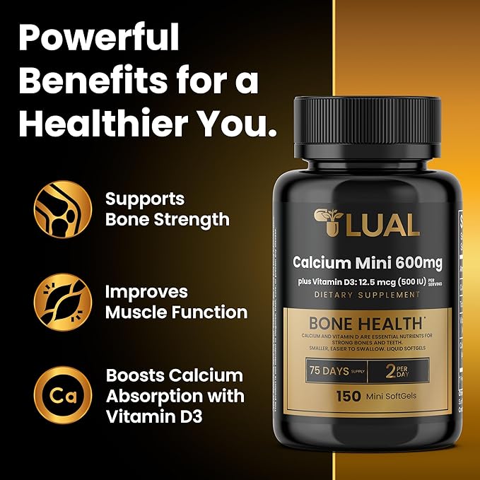 LUAL Calcium Minis 600 mg with Vitamin D3 - Bone & Muscle Support - 150 Mini Softgels - Easy to Swallow - Calcium & D3 for Strong Bones & Mobility