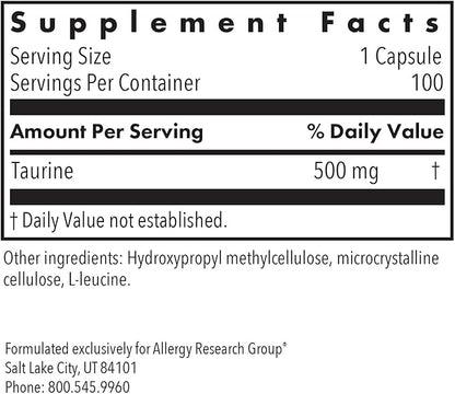 Allergy Research Group Taurine 500mg Supplement - Cardiovascular Support, Free Form Amino Acid, Pure, Organic, Vegetarian Capsules - 100 Count