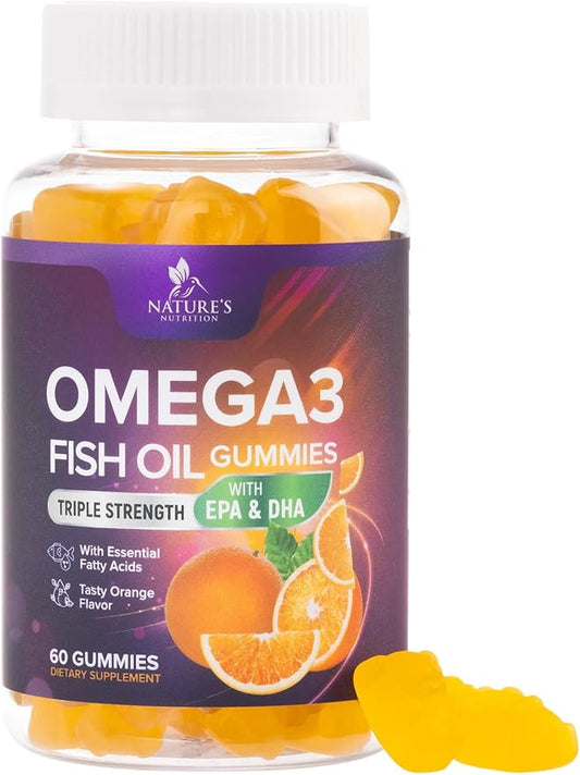 Omega-3 Gummies, Fish Oil Gummies for Adults & Kids, Omega-3 Gummy Vitamins, EPA & DHA Fish Oil Fatty Acids Gummy Supplement, Nature's Supplements for Joint, Heart Health, & Brain Support - 60 Count