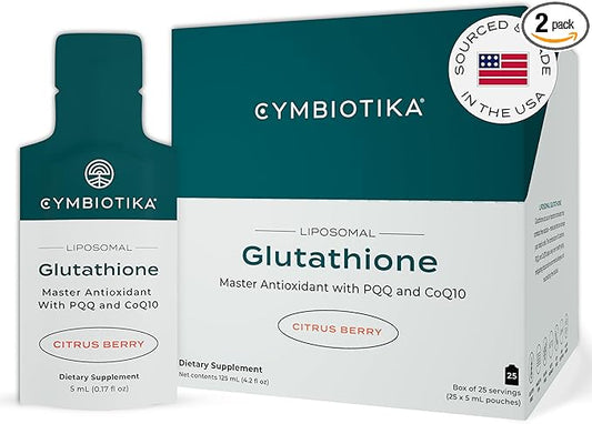 CYMBIOTIKA Glutathione with PQQ & CoQ10, USA Made, Liposomal Delivery, Glutathione Supplement, for Energy, Gut Health & Immune Support, Natural Antioxidant for Men & Women, Citrus Berry, 25 Pack