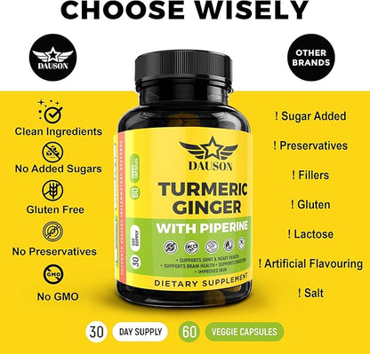 Turmeric Ginger Piperine Supplement – High Bioavailability Curcumin for Joint, Gut, Heart, Brain & Skin Health Support | Immune Booster | 60 Capsules