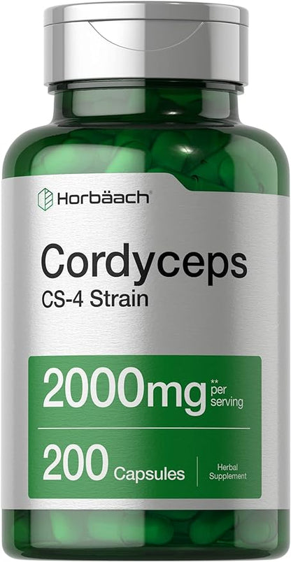 Horbäach Cordyceps Mushroom Capsules 2000mg | 200 Count | CS-4 Strain Cordyceps Sinesis | Non-GMO Herbal Supplement
