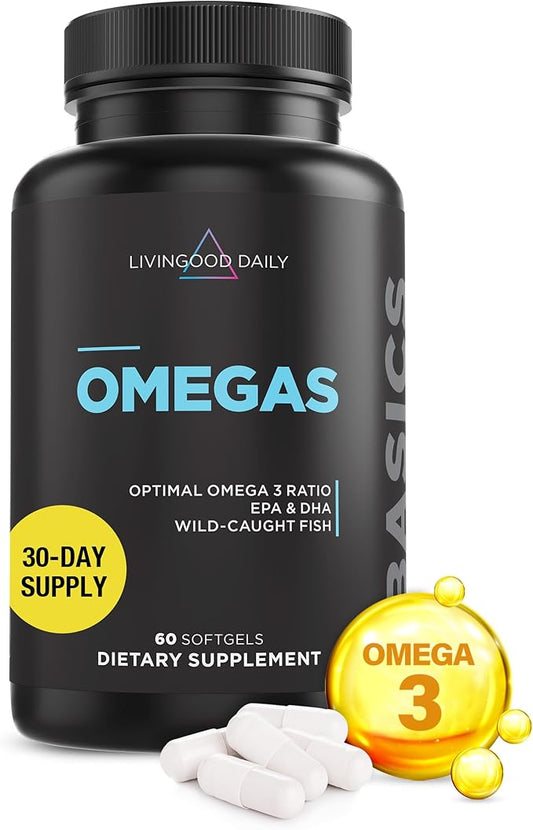 Livingood Daily Fish Oil Supplements with Omega 3 Fatty Acid, Omegas (60 Softgels) - EPA & DHA Fish Oil Pills Support Heart Health - Promotes Healthy Digestion & Brain Function - Non-GMO