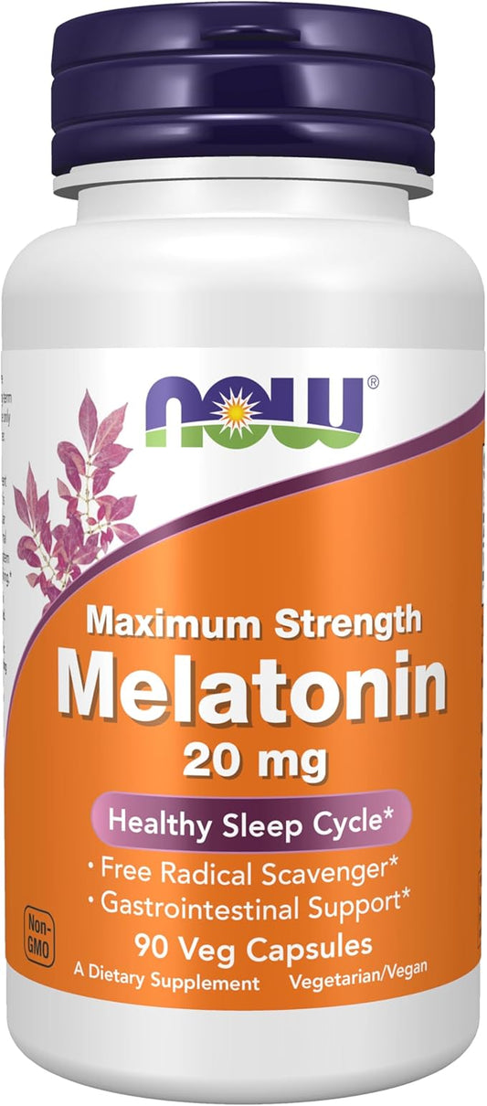 NOW Foods Supplements, Maximum Strength Melatonin 20 mg, Healthy Sleep Cycle*, Free Radical Scavenger*, Gastrointestinal Support*, 90 Veg Capsules