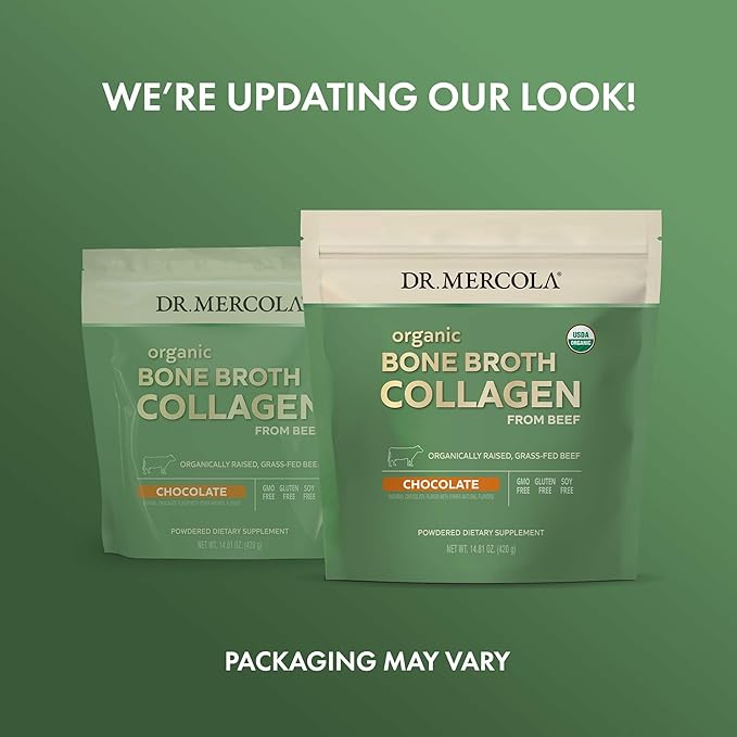 Dr. Mercola Organic Bone Broth Collagen Powder - Supports Bone Health & Muscle Growth - USDA Organic, Non-GMO, Gluten-Free & Dairy-Free - 30 Servings - Chocolate Flavor