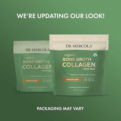 Dr. Mercola Organic Bone Broth Collagen Powder - Supports Bone Health & Muscle Growth - USDA Organic, Non-GMO, Gluten-Free & Dairy-Free - 30 Servings - Chocolate Flavor