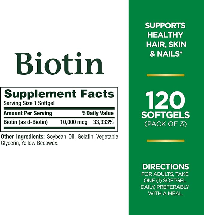 Nature's Bounty Biotin Hair Skin and Nails Vitamins, Supports Healthy Hair, Skin and Nails, 10,000 mcg, 120 Count (Pack of 3)