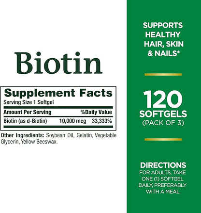 Nature's Bounty Biotin Hair Skin and Nails Vitamins, Supports Healthy Hair, Skin and Nails, 10,000 mcg, 120 Count (Pack of 3)