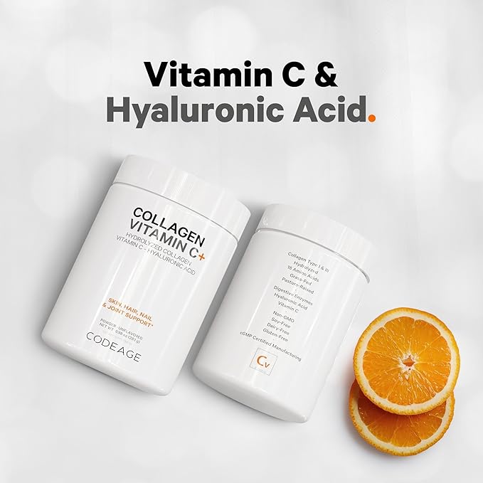 Codeage Collagen Peptides Powder + Vitamin C - 20g Grass-Fed Collagen Per Serving - Digestive Enzymes, Hyaluronic Acid, 18 Amino Acids - Hydrolyzed Collagen Protein - Non-GMO, Unflavored - 9.98 oz