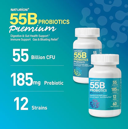 55B Probiotics Premium - 55 Billion CFU, 12 Strains, 185mg Prebiotic - Immune Support, Digestive & Gut Health - Supports Occasional Constipation, Gas & Bloating - 60 Vegan Capsules, 60 Day Supply