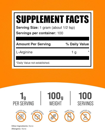 BulkSupplements.com L-Arginine Powder - Arginine Supplement, Nitric Oxide Supplement - Unflavored & Gluten Free, 1g per Serving, 100g (3.5 oz) (Pack of 1)