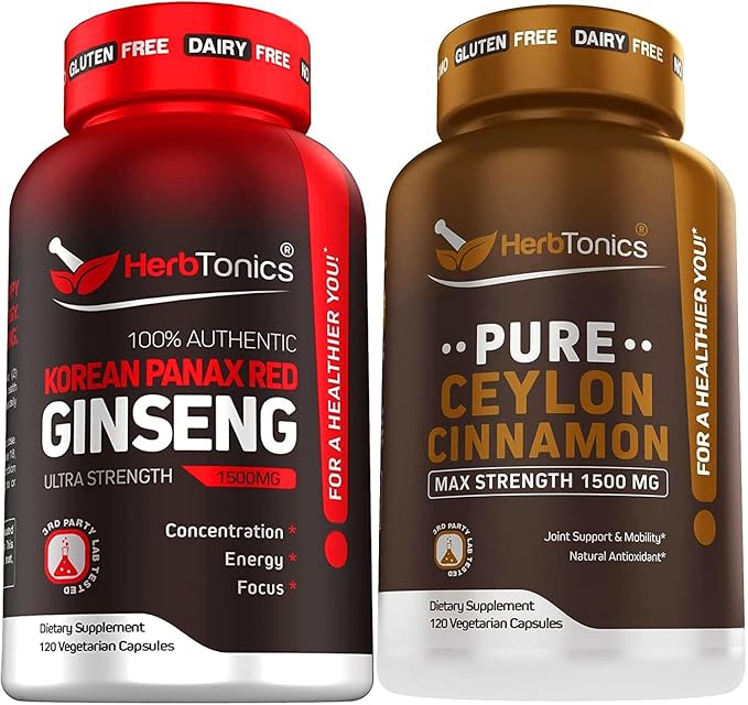 Korean Red Panax Ginseng 1500mg - High Potency Ginseng for Energy, Performance & Immune Support for Men & Women - Pure Ceylon Cinnamon Capsules for Enhanced Well-Being - 1500mg per Serving