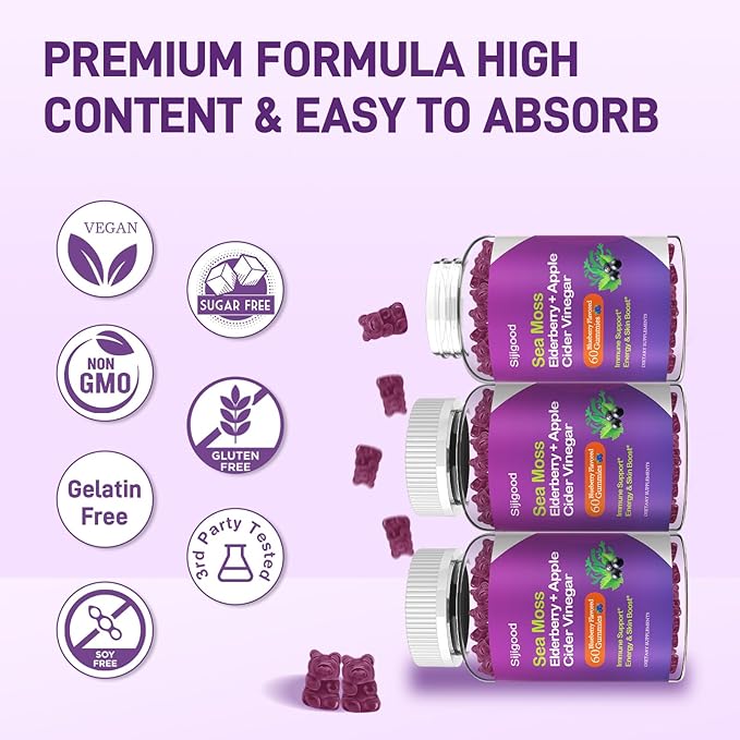 Irish Sea Moss Gummies with Elderberry, Bladderwrack, Burdock, Chlorophyll - Digestion, Skin, Hair and Enhance Immunity - Adults Kids Women Men, 60 Blueberry Flavored Gummies