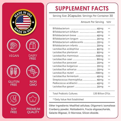 Women's Probiotics120 Billion CFUs 18 Strains 3 Prebiotics & Digestive Enzymes Contains Organic Prebiotic Cranberry Women's Health Digestive & Immune Support Non-GMO Soy Gluten Dairy Free