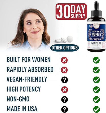 WINDSOR BOTANICALS Liquid Iron Supplements for Anemia - Folic Acid, Vitamin C, Vegan Blood Builder and Anemia Supplement - 2 oz Orange Flavor Gentle Iron Drops for Women