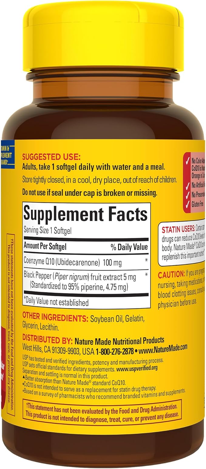 Nature Made CoQ10 100mg with Black Pepper Extract for Enhanced Nutrient Absorption, Dietary Supplement for Heart Health Support, 30 Softgels, 30 Day Supply