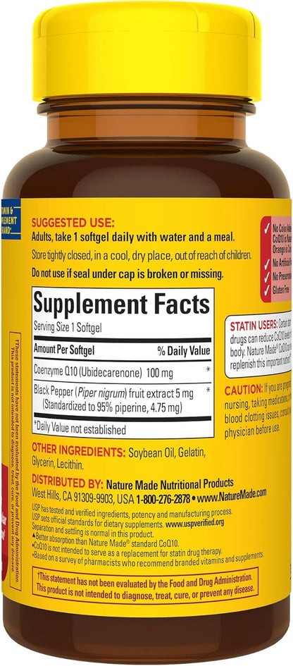 Nature Made CoQ10 100mg with Black Pepper Extract for Enhanced Nutrient Absorption, Dietary Supplement for Heart Health Support, 30 Softgels, 30 Day Supply