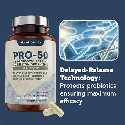 Vitamin Bounty Pro-50 Probiotics for Women Digestive Health | 50 Billion CFU & 13 Strains | SBO Synbiotic Formula Delayed Release Capsule+Prebiotic Greens for Immune Support – for Women & Men | 60cap