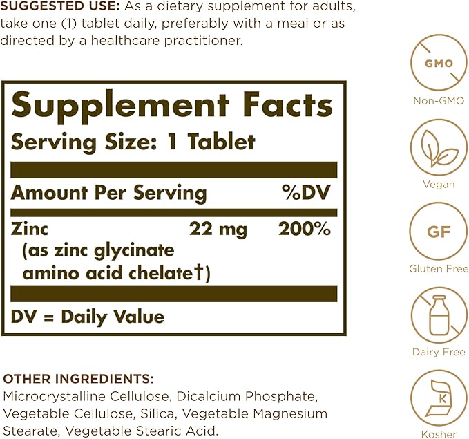 Solgar Chelated Zinc - 100 Tablets, Pack of 3 - Antioxidant, Skin & Immune System Support - Non-GMO, Vegan, Kosher, Gluten Free - 300 Total Servings