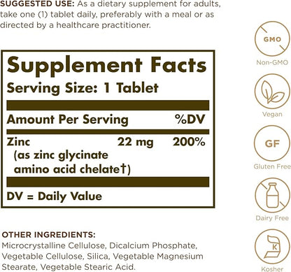 Solgar Chelated Zinc - 100 Tablets, Pack of 3 - Antioxidant, Skin & Immune System Support - Non-GMO, Vegan, Kosher, Gluten Free - 300 Total Servings
