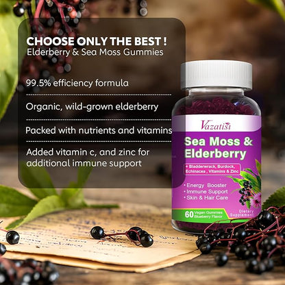 Elderberry Gummies with Sea Moss, Bladderwrack, Burdock, Echinacea, Apple Cider Vinegar, Chlorophyll, Vitamin C, D & Zinc Supplement for Women, Men, Adults and Kids, Blueberry Flavor 60Ct