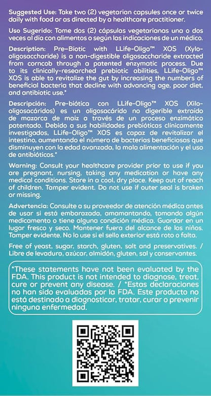 Bio Nutrition Pre-Biotic 60 Vegetarian Capsules Llife Oligo Prebiotic Fiber XOS Patented Formula Improves Gut Health | Promotes Strong Intestinal Flora