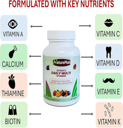 Multivitamins Tablet for Women, Once Daily Multivitamin for Adult, Multimineral Supplement with Iron, Vitamins A, D, E, C, and B-Complex, Supports Immunity, Bone, and Hair, 60 Count