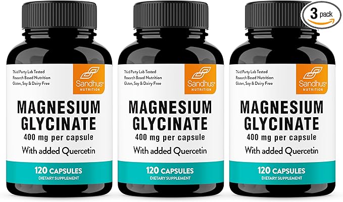 Sandhu's Magnesium Glycinate with Quercetin Capsules for Men & Women | Supports Immunity, Bone Health and Quality Sleep | 360 Count