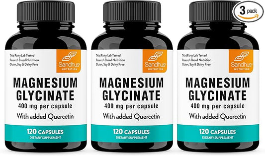 Sandhu's Magnesium Glycinate with Quercetin Capsules for Men & Women | Supports Immunity, Bone Health and Quality Sleep | 360 Count