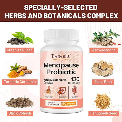 Menopause supplements for women, 120 Billion CFU Probiotic, 13-in-1 Herbs & Botanicals Complex, for Hormone Menopause, Hot Flashes, Night Sweats, Mood Swings, Sleep Disturbances, Vegan, 60 Capsules