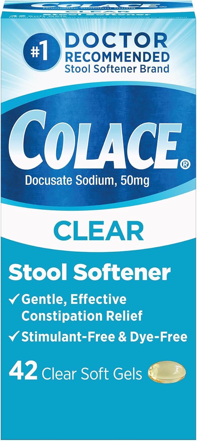Colace Clear Stool Softener Soft Gel Capsules Constipation Relief 50mg Docusate Sodium Doctor Recommended 42ct