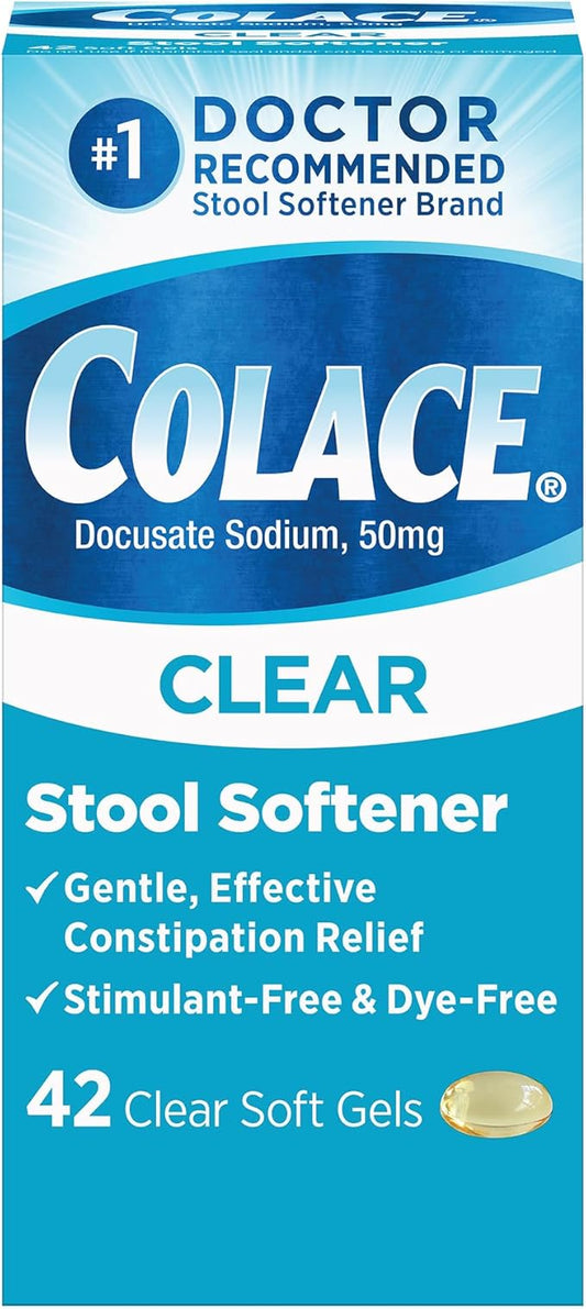 Colace Clear Stool Softener Soft Gel Capsules Constipation Relief 50mg Docusate Sodium Doctor Recommended 42ct