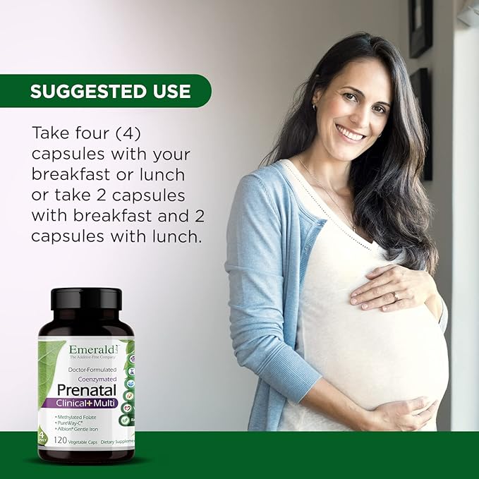 EMERALD LABS Prenatal Clinical Multi - Prenatal Multivitamin with Methylfolate, Albion Chelated Gentle Iron, Whole-Food Ingredients & More - Soy & Gluten-Free - 120 Vegetable Capsules (30-Day Supply)