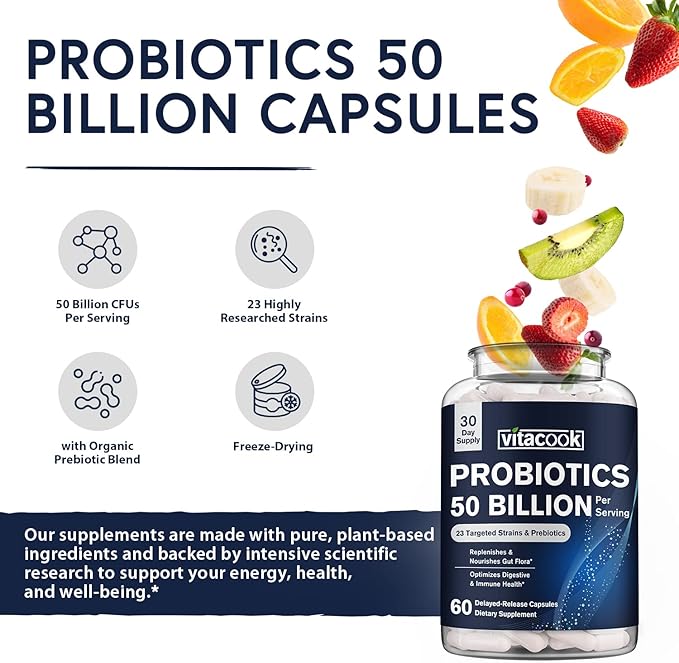 Probiotics 50 Billion, 23 Strains with Organic Prebiotics, Digestive & Immune Support, Freeze-Dried, Delayed-Release, Better Than a Dozen Yogurts, 60 Vegan Caps