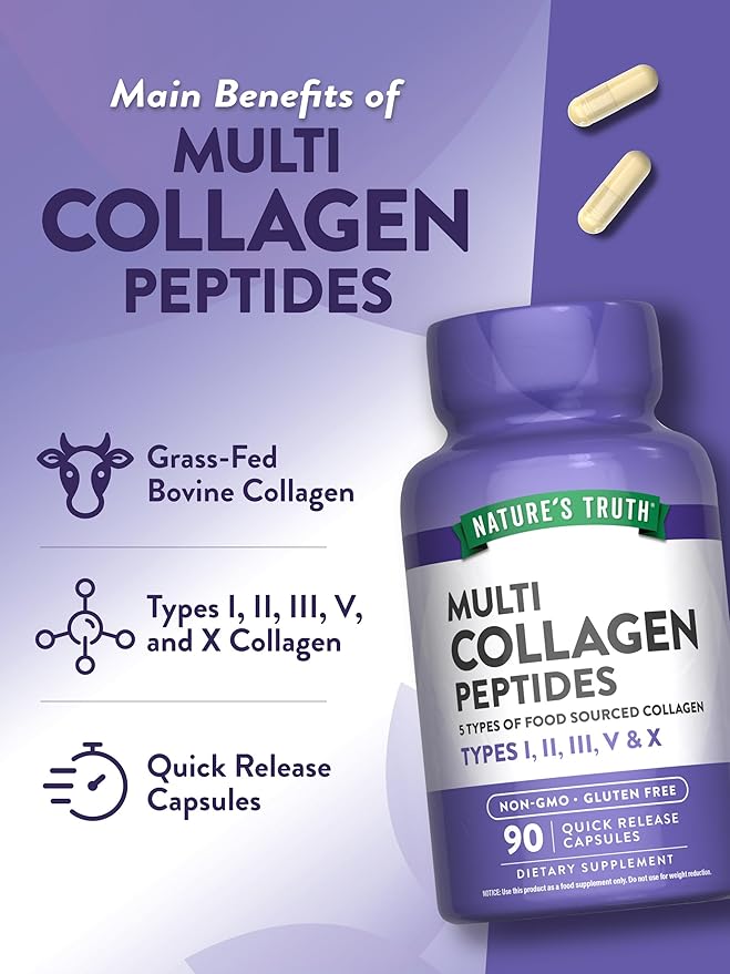 Nature's Truth Multi Collagen Peptides Capsules | Types I, II, III, V, X | 2000 mg | 90 Count | Keto Friendly | Non-GMO and Gluten Free Supplement