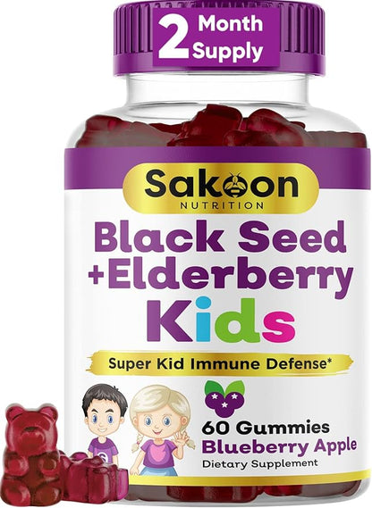 Elderberry & Black Seed Oil Gummies for Kids, Immune Support, with Vitamin C and Zinc, Delicious Berry Flavor, 60 Gummies