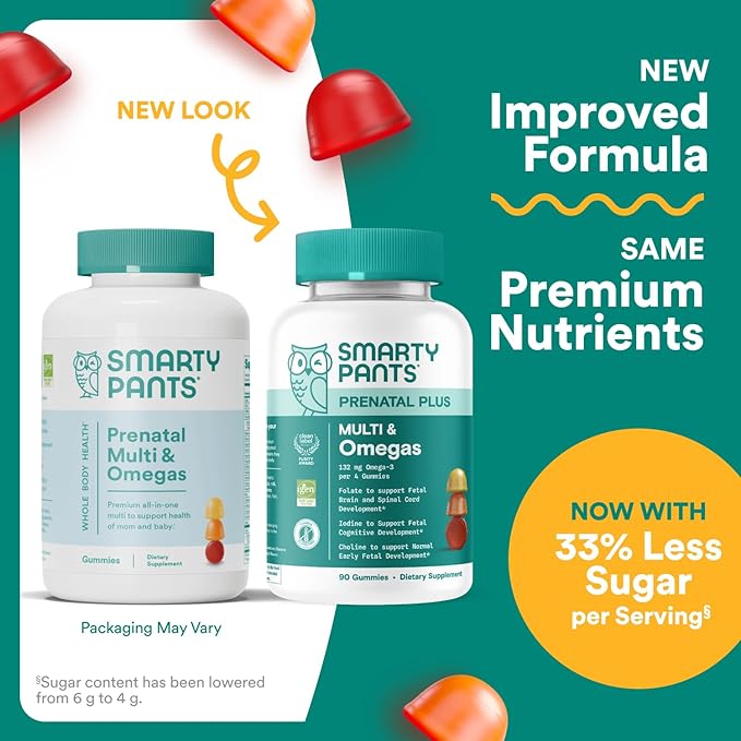SmartyPants Prenatal Multivitamin Gummies - Improved Formula: Omega 3 (DHA/EPA), Methylfolate, Biotin, Vitamin D3, C, Vitamin B12, B6, Vitamin A, K & Zinc, Gluten Free, 90 Count (30 Day Supply)